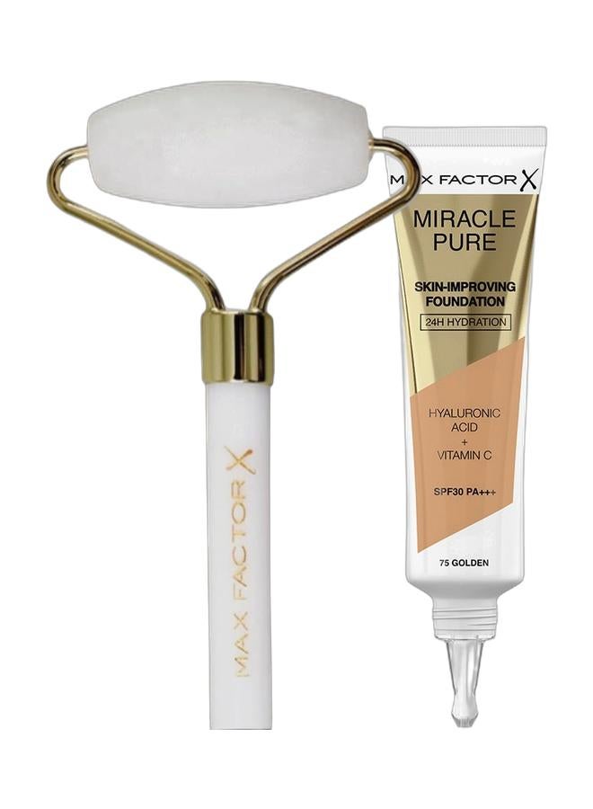 Max Factor Miracle Pure Skin Improving Foundation 75 Golden + Face Roller - Image 1
