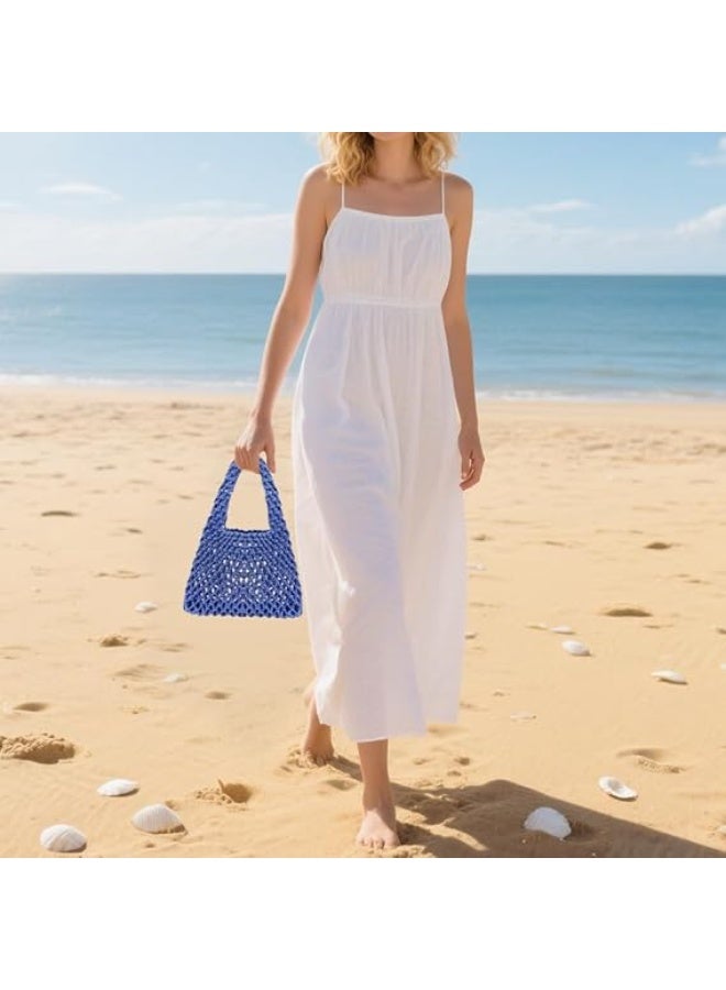 Bukela Mini Clutch Handbag, Fishing Net Bucket Bag Cotton Rope Crochet Drawstring Woven Beach Bag Small Tote for Women Girls(Blue) - Image 4