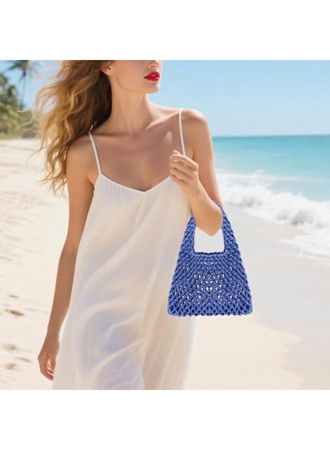 Bukela Mini Clutch Handbag, Fishing Net Bucket Bag Cotton Rope Crochet Drawstring Woven Beach Bag Small Tote for Women Girls(Blue) - Image 3