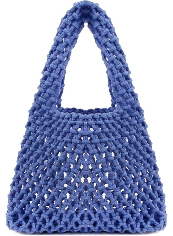Bukela Mini Clutch Handbag, Fishing Net Bucket Bag Cotton Rope Crochet Drawstring Woven Beach Bag Small Tote for Women Girls(Blue) - Image 1