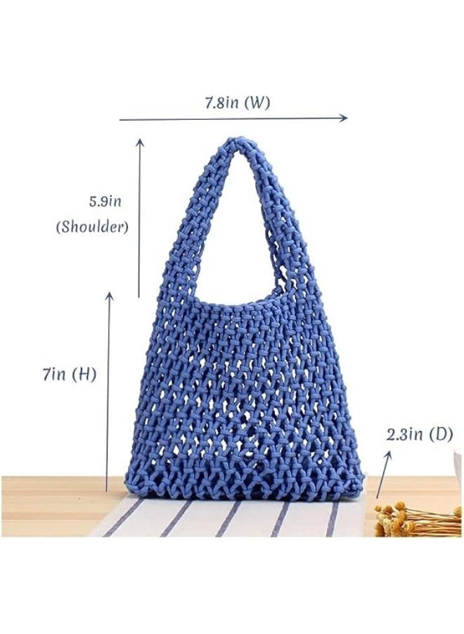 Bukela Mini Clutch Handbag, Fishing Net Bucket Bag Cotton Rope Crochet Drawstring Woven Beach Bag Small Tote for Women Girls(Blue) - Image 2