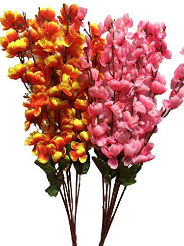 Coolkart Artificial Orchid Peach Blossom Flower for Party Decoration/Living Room Decor/Office Stage Decoration,Set of 2 Bunch /14 Stems (Orange and Baby Pink) Made in India - Image 1