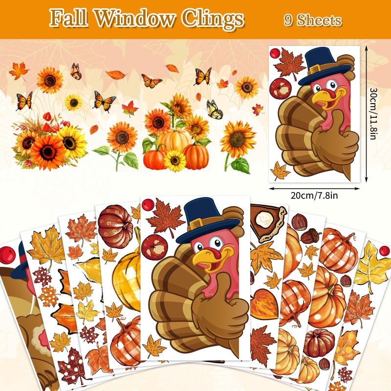 Whaline 9 Sheet Thanksgiving Fall Window Clings Turkey Pumpkin Maple Leaf Reusable Window Decals for for Autumn Harvest Seasonal Holiday School Office Supplies Glass Home Decor - Image 5