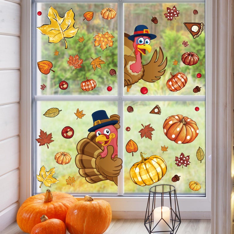 Whaline 9 Sheet Thanksgiving Fall Window Clings Turkey Pumpkin Maple Leaf Reusable Window Decals for for Autumn Harvest Seasonal Holiday School Office Supplies Glass Home Decor - Image 1