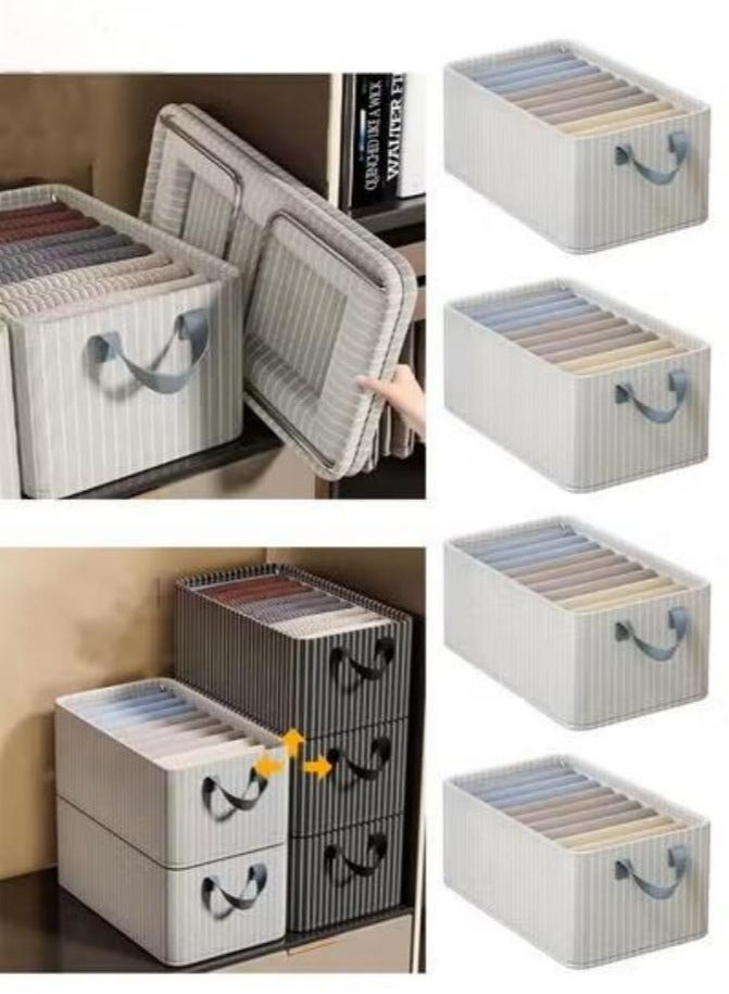 DUNISO 4-Piece Set, Bedroom, Clothes Storage Box, Wardrobe Storage Organizer, Large Foldable Clothing Storage Bag With Handles, And Suitable For Home Bedroom Office, Can Store Shirts, T-Shirts, Children's Jeans, Scarves, Leggings And Baby Clothes, Etc., Gray And White Stripes  - Image 1