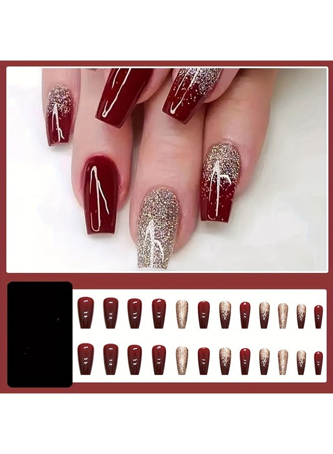 24pcs Glossy Medium Long Ballerina Fake Nails, Red Press On Nails With Golde Glitter Design, Sparkling Full Cover False Nails For Women Girls Daily Wear For Wedding Nail Deco - Image 2