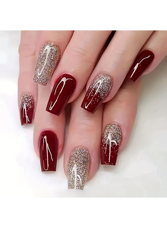 24pcs Glossy Medium Long Ballerina Fake Nails, Red Press On Nails With Golde Glitter Design, Sparkling Full Cover False Nails For Women Girls Daily Wear For Wedding Nail Deco - Image 1