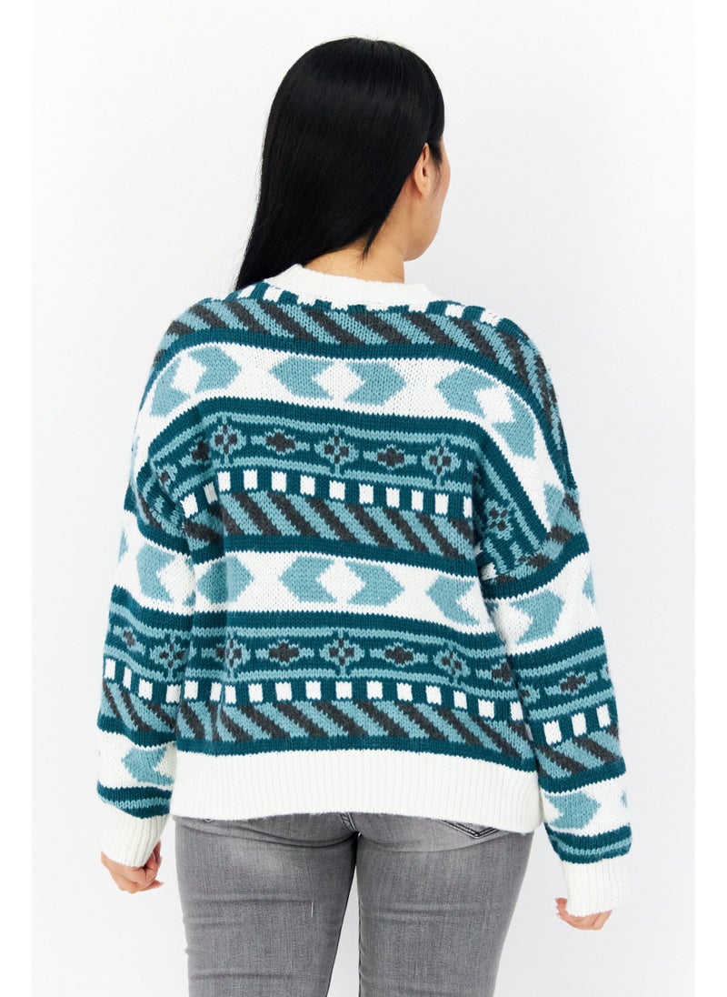 EDC Women Crew Neck Knitted Sweater, White Combo  - Image 5