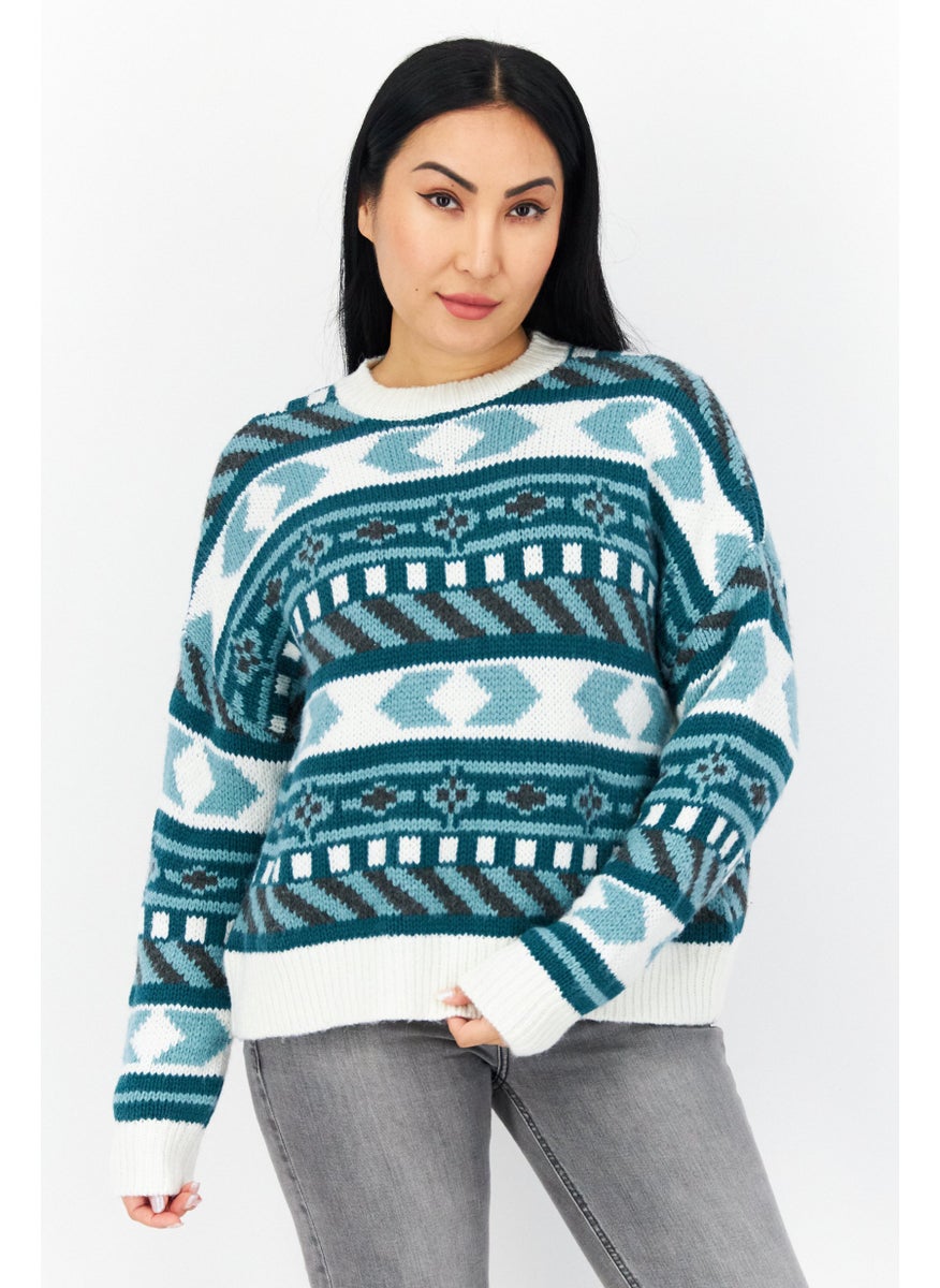 EDC Women Crew Neck Knitted Sweater, White Combo  - Image 1