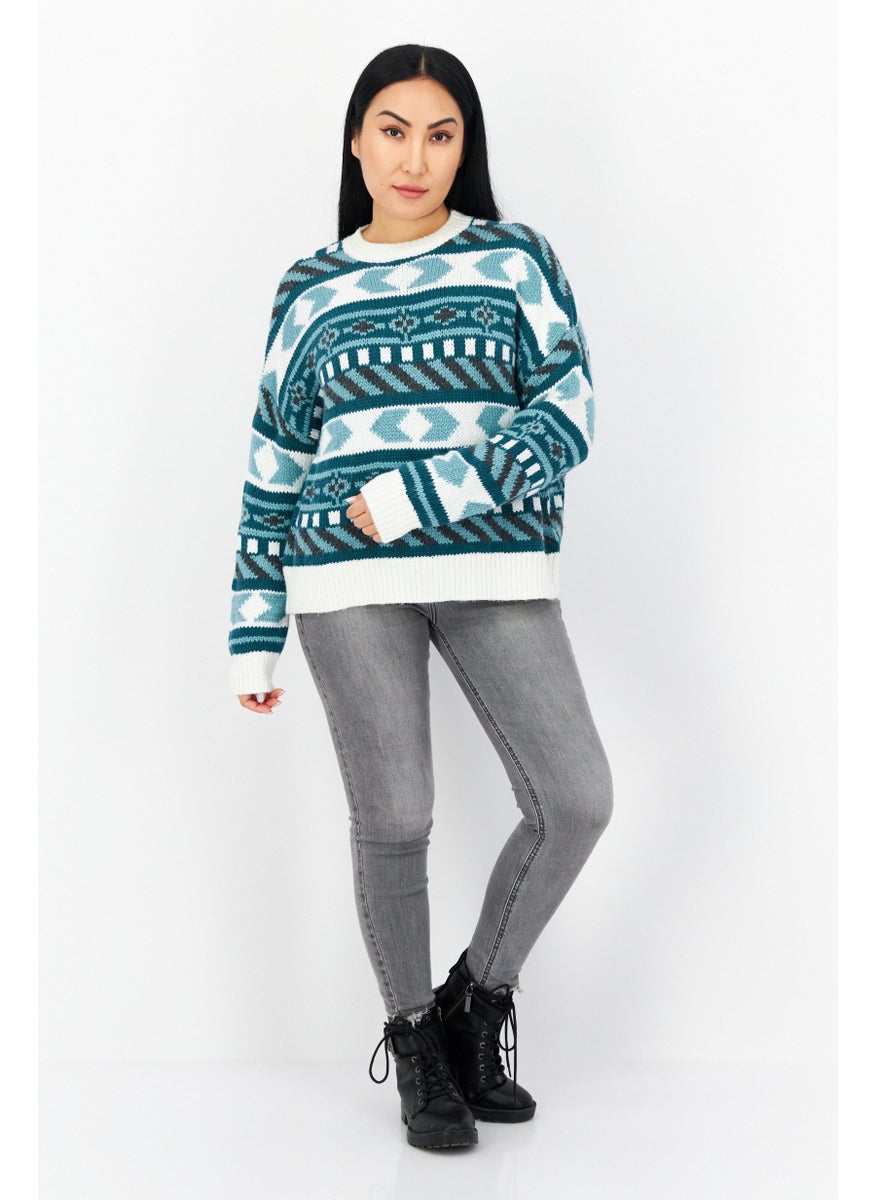 EDC Women Crew Neck Knitted Sweater, White Combo  - Image 3