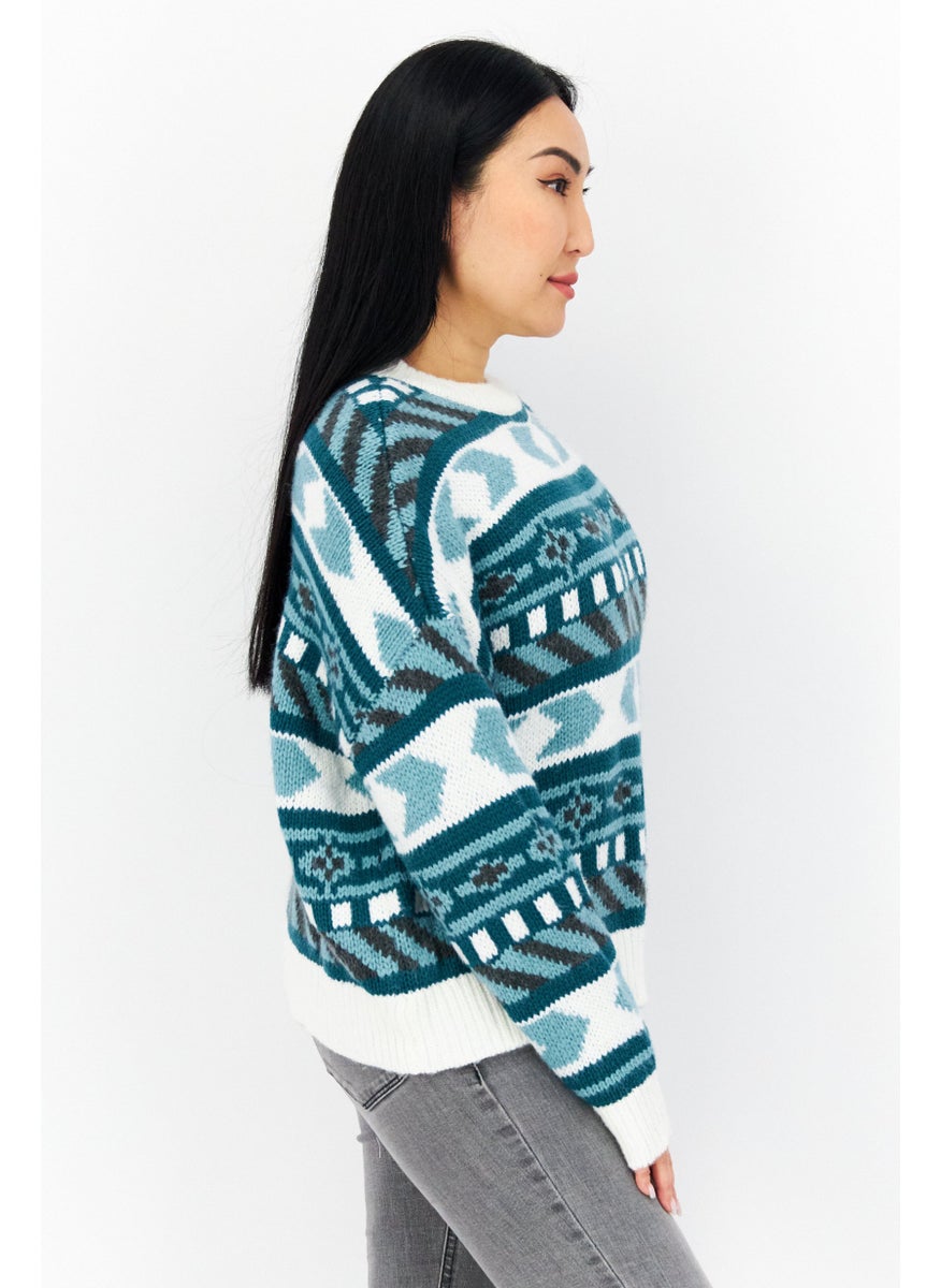 EDC Women Crew Neck Knitted Sweater, White Combo  - Image 2