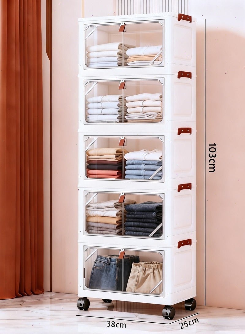 5-Tier Plastic Storage Cabinet with Wheels - Foldable Storage Box with Door, Stackable Storage Organizer for Home, Office & Kids' Room, Multifunctional Space-Saving Container - Image 2