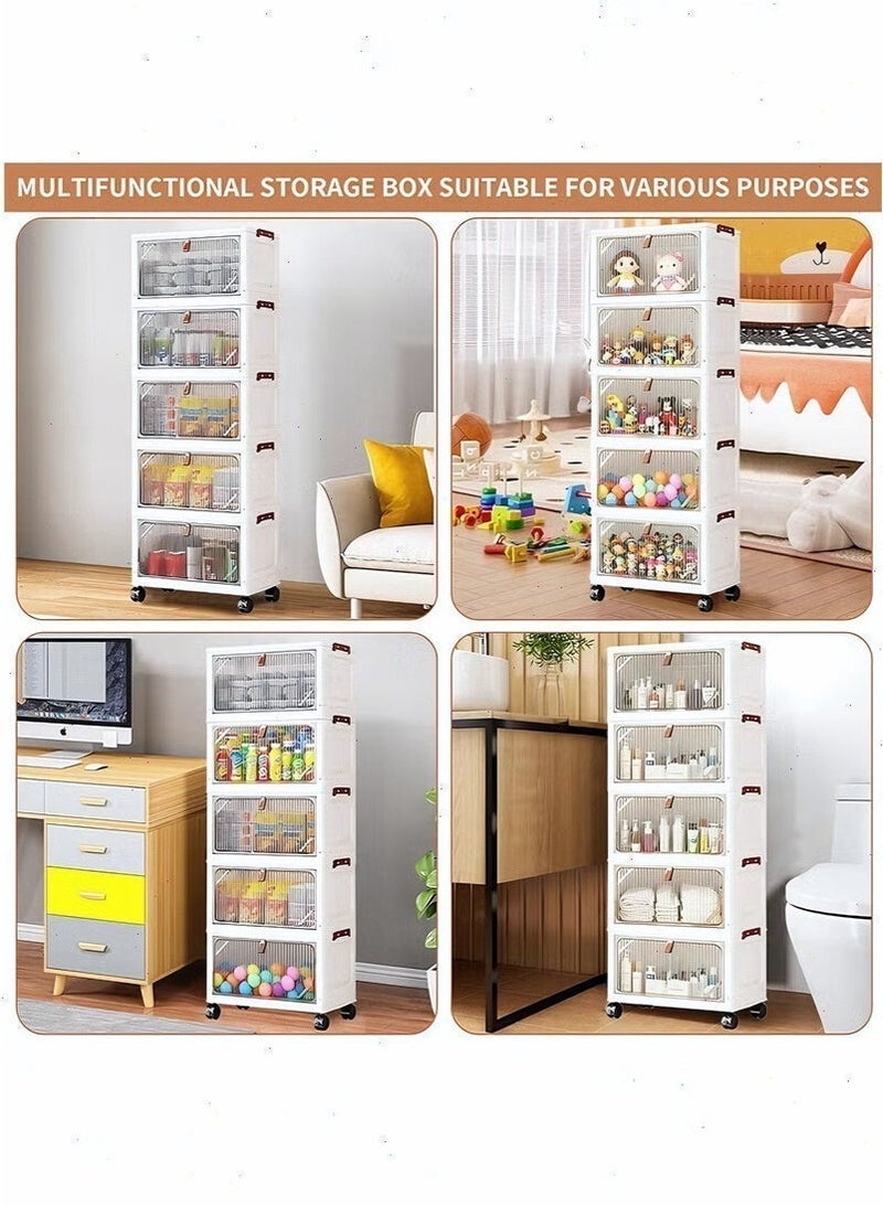 5-Tier Plastic Storage Cabinet with Wheels - Foldable Storage Box with Door, Stackable Storage Organizer for Home, Office & Kids' Room, Multifunctional Space-Saving Container - Image 5
