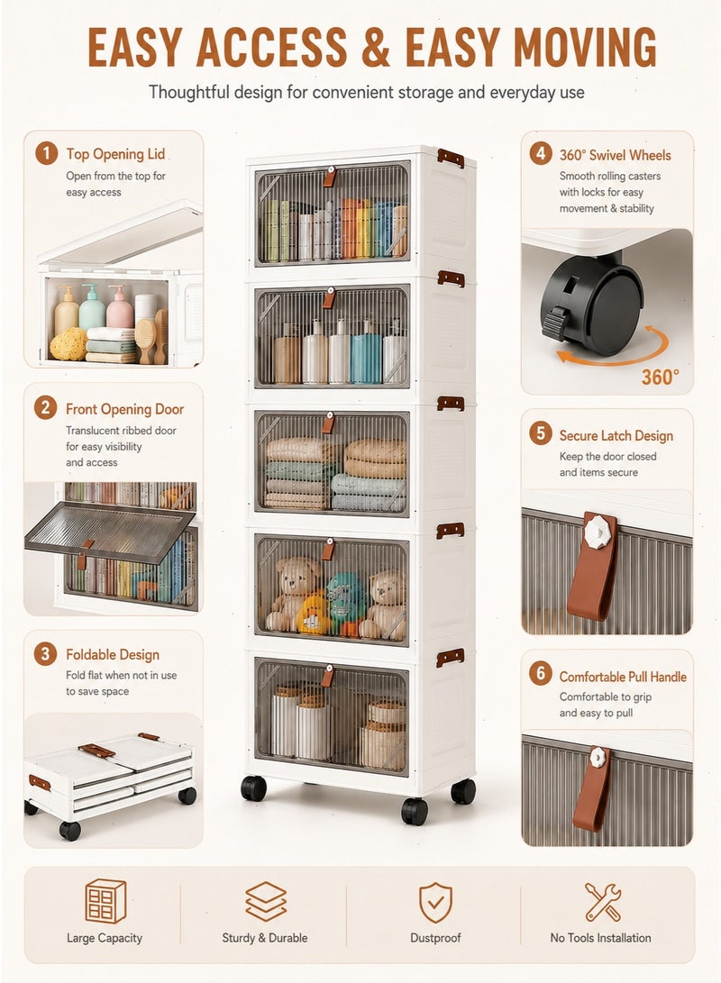 5-Tier Plastic Storage Cabinet with Wheels - Foldable Storage Box with Door, Stackable Storage Organizer for Home, Office & Kids' Room, Multifunctional Space-Saving Container - Image 4