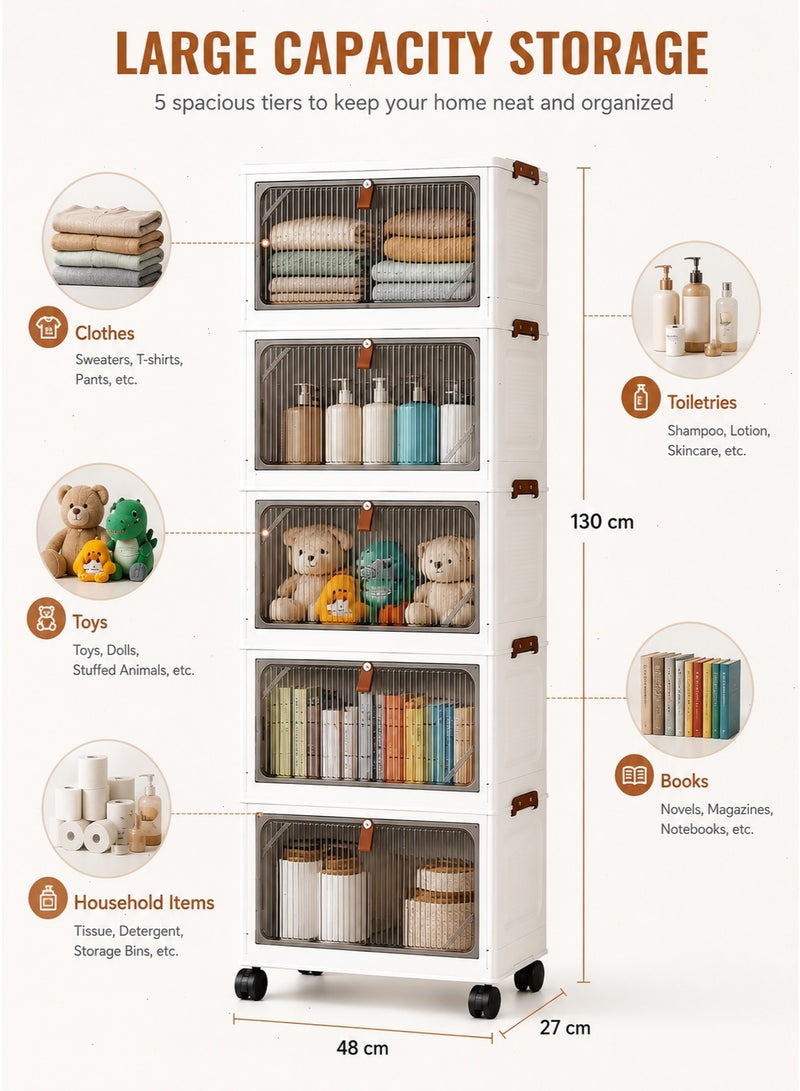 5-Tier Plastic Storage Cabinet with Wheels - Foldable Storage Box with Door, Stackable Storage Organizer for Home, Office & Kids' Room, Multifunctional Space-Saving Container - Image 2