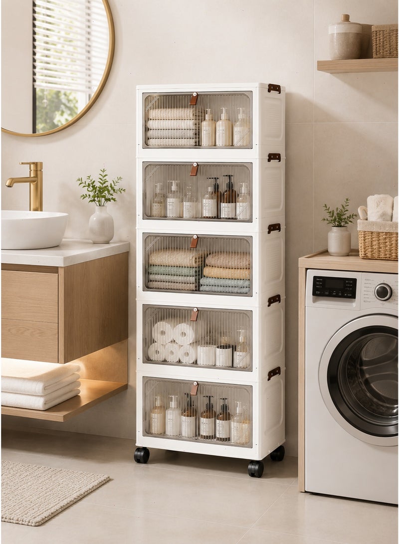 5-Tier Plastic Storage Cabinet with Wheels - Foldable Storage Box with Door, Stackable Storage Organizer for Home, Office & Kids' Room, Multifunctional Space-Saving Container - Image 1
