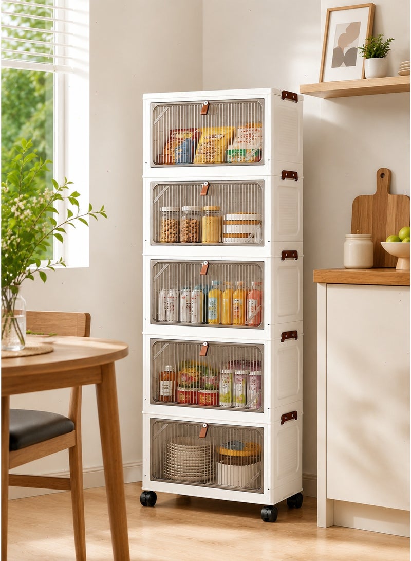 5-Tier Plastic Storage Cabinet with Wheels - Foldable Storage Box with Door, Stackable Storage Organizer for Home, Office & Kids' Room, Multifunctional Space-Saving Container - Image 3