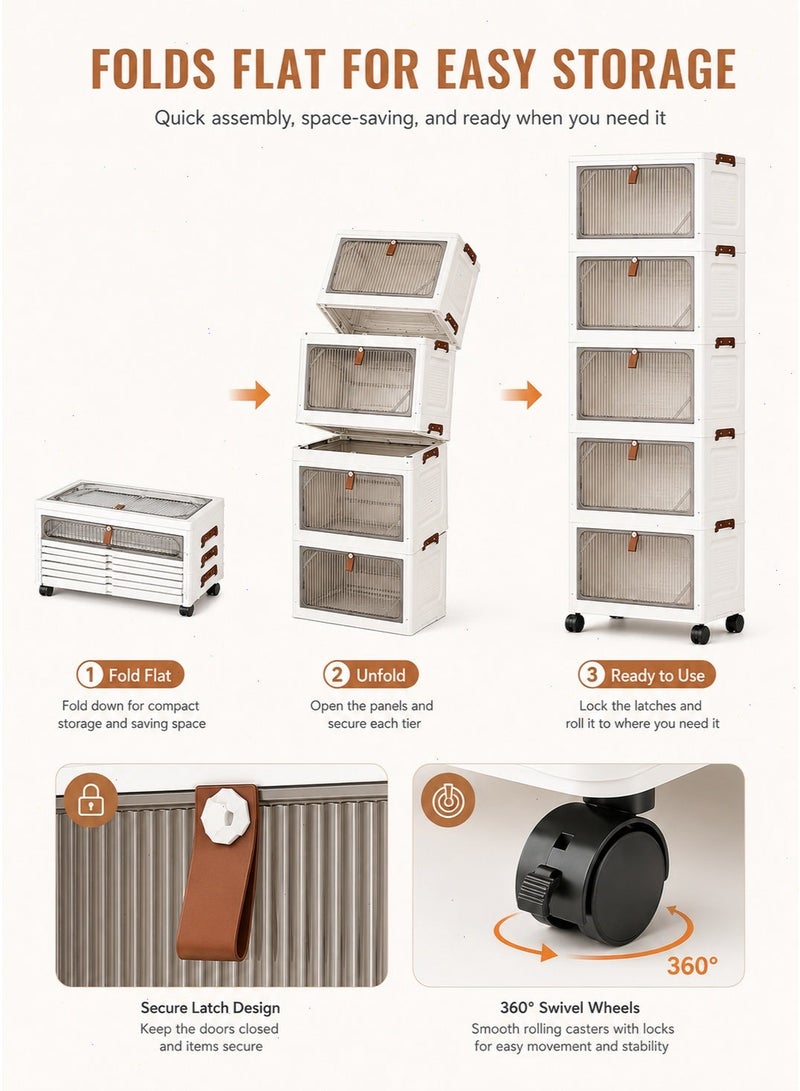 5-Tier Plastic Storage Cabinet with Wheels - Foldable Storage Box with Door, Stackable Storage Organizer for Home, Office & Kids' Room, Multifunctional Space-Saving Container - Image 5