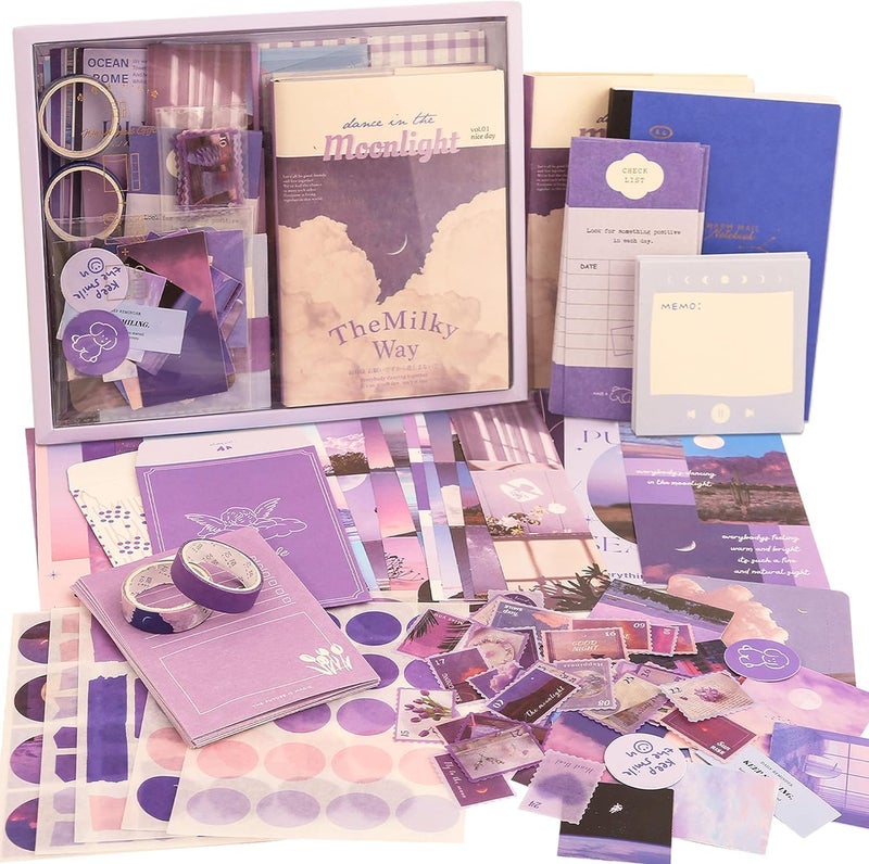 Marve Marve 348 Pcs Scrapbook Kit Scrapbooking Supplies kit with Aesthetic Scrapbook Paper Washi Stickers Tape A6 Notebook Art Journaling Kit for Bullet Junk Journal Planners DIY for Adults Teens Girl 