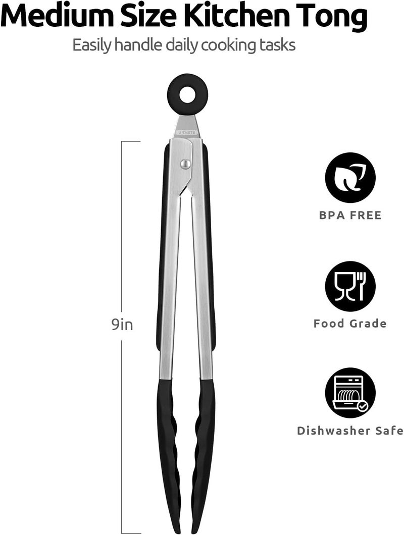 U-Taste Heat Resistant Silicone Kitchen Tongs - Black, 23cm, 315°C, Non-Stick & Locking Design - Image 2
