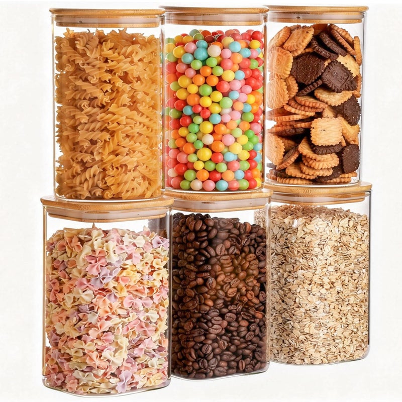 YUNCANG 6-Pack Glass Food Storage Jars Set (3 Square + 3 Round), 37oz Airtight Clear Canisters with Bamboo Lids, Stackable Pantry Containers for Flour, Sugar, Rice, Pasta, Nuts, Candy & Spice Organization - Image 1