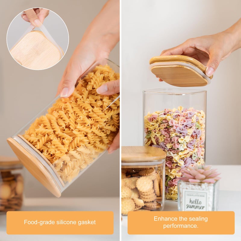 YUNCANG 6-Pack Glass Food Storage Jars Set (3 Square + 3 Round), 37oz Airtight Clear Canisters with Bamboo Lids, Stackable Pantry Containers for Flour, Sugar, Rice, Pasta, Nuts, Candy & Spice Organization - Image 3