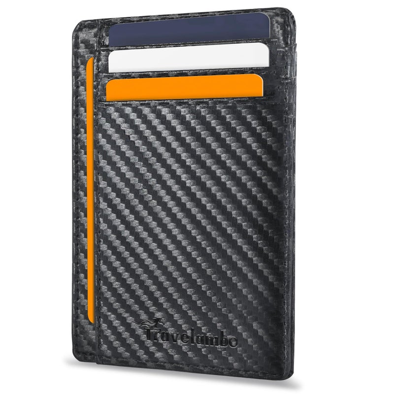 Travelambo Front Pocket Minimalist Leather Slim Wallet RFID Blocking Carbon Fiber Texture(Navy Blue) - Image 1