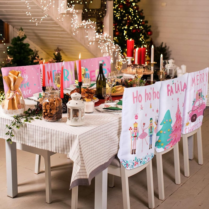 FuWeave 6 Pcs Christmas Chair Covers Pink Nutcracker Christmas Chair Back Covers Pastel Xmas Tree Chair Protector Slipcovers Washable Winter Dining Room Seat Covers for Home Hotel Kitchen Decorations - Image 5