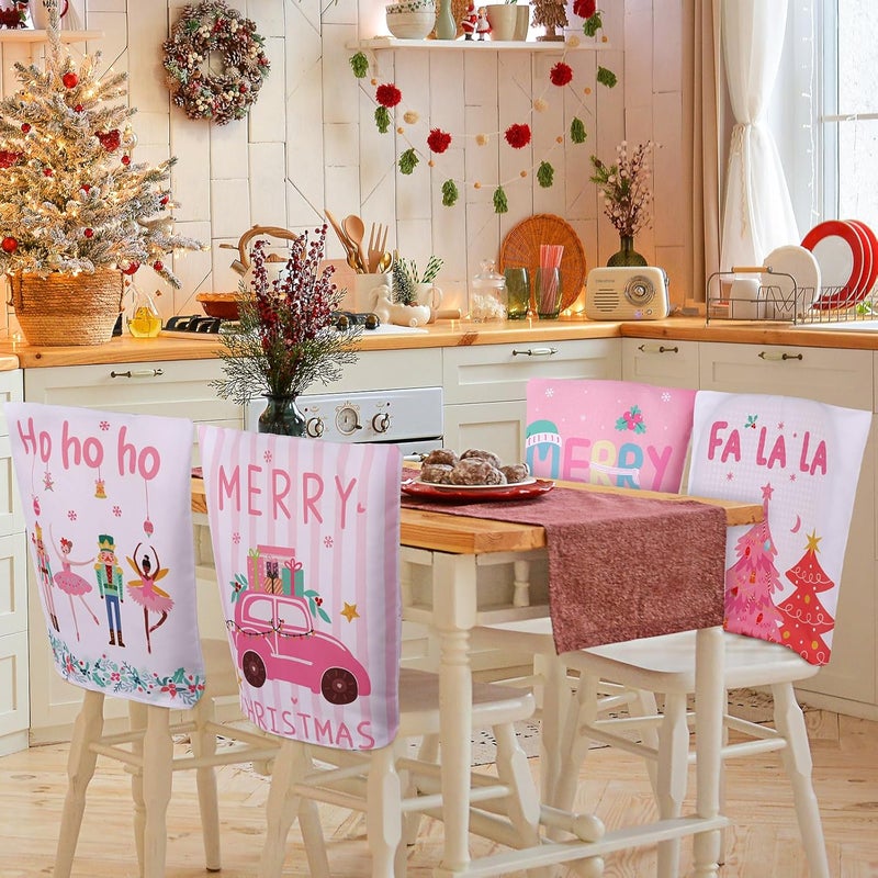 FuWeave 6 Pcs Christmas Chair Covers Pink Nutcracker Christmas Chair Back Covers Pastel Xmas Tree Chair Protector Slipcovers Washable Winter Dining Room Seat Covers for Home Hotel Kitchen Decorations - Image 2