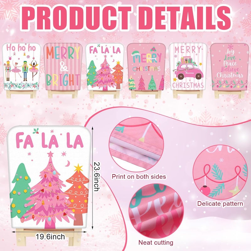 FuWeave 6 Pcs Christmas Chair Covers Pink Nutcracker Christmas Chair Back Covers Pastel Xmas Tree Chair Protector Slipcovers Washable Winter Dining Room Seat Covers for Home Hotel Kitchen Decorations - Image 3