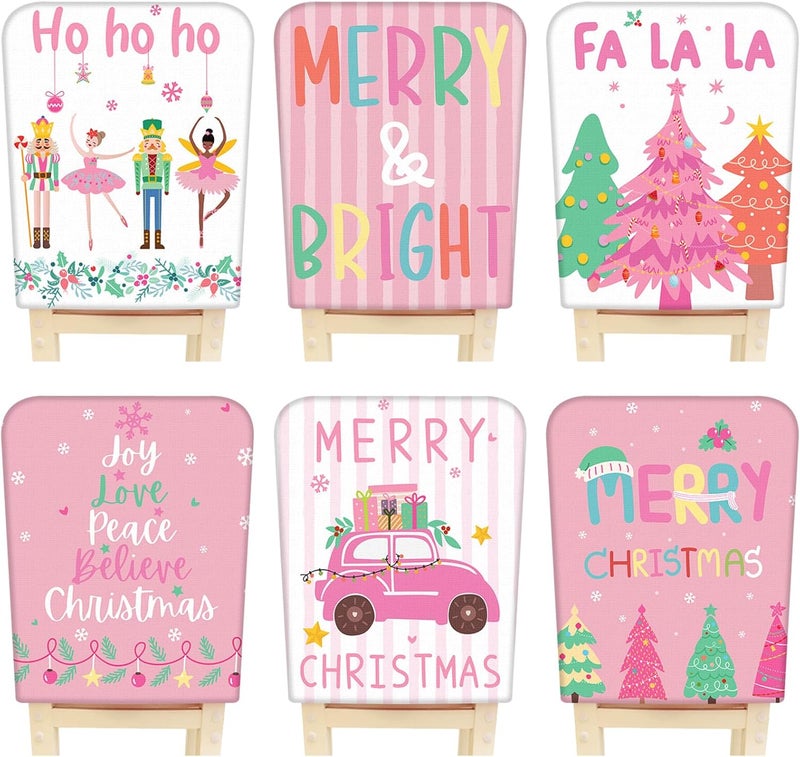 FuWeave 6 Pcs Christmas Chair Covers Pink Nutcracker Christmas Chair Back Covers Pastel Xmas Tree Chair Protector Slipcovers Washable Winter Dining Room Seat Covers for Home Hotel Kitchen Decorations - Image 1