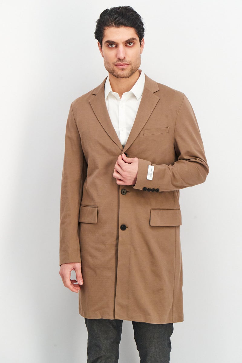 SELECTED Men Long Sleeve Solid Trench Coat, Brown - Image 1