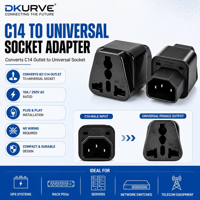 DKURVE Ups C14 to Universal Female Socket Power Adapter AC Plug - 2 Pieces - Image 3