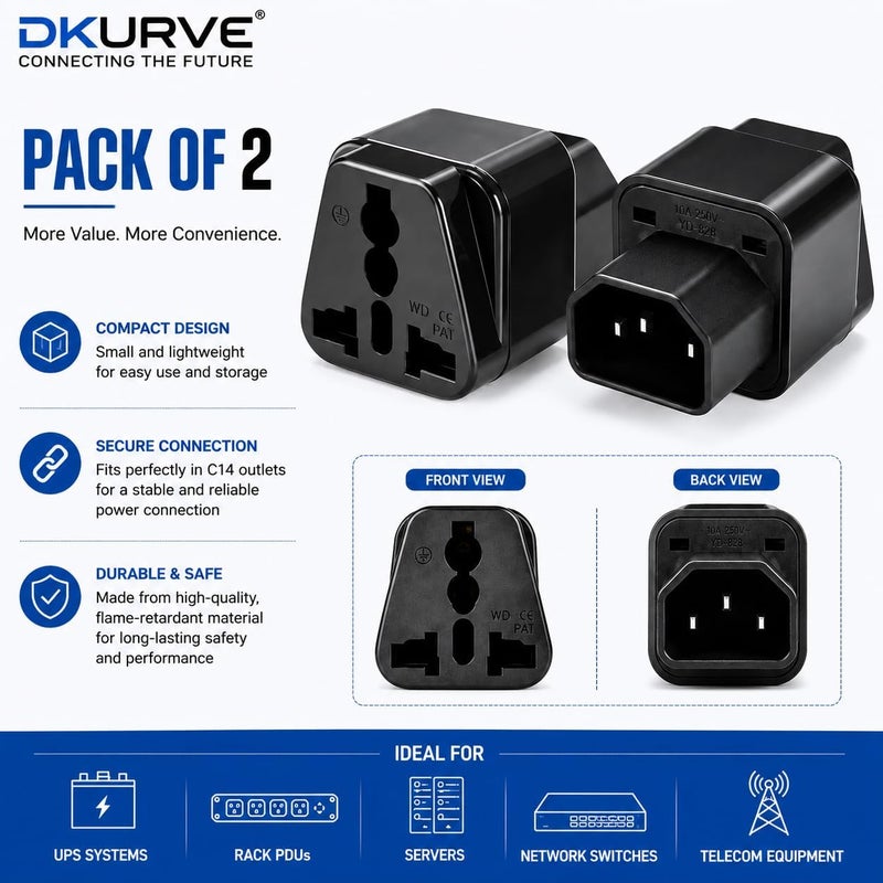 DKURVE Ups C14 to Universal Female Socket Power Adapter AC Plug - 2 Pieces - Image 2