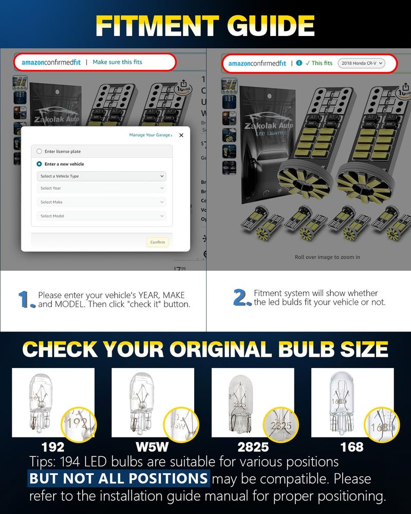 Zakolak 10Pcs 194 T10 168 W5W 2825 LED Bulb, Super Bright LED Car Interior Dome Map Camper RV License Plate Light Bulbs, Upgraded 25-SMD 3014 Chipsets 12V 400LM 6500K Xenon White - Image 4