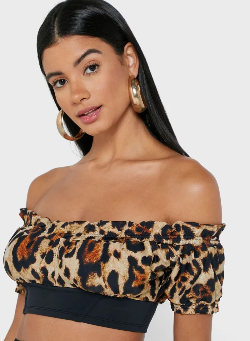 RIVER ISLAND Ruched Bardot Leopard Top