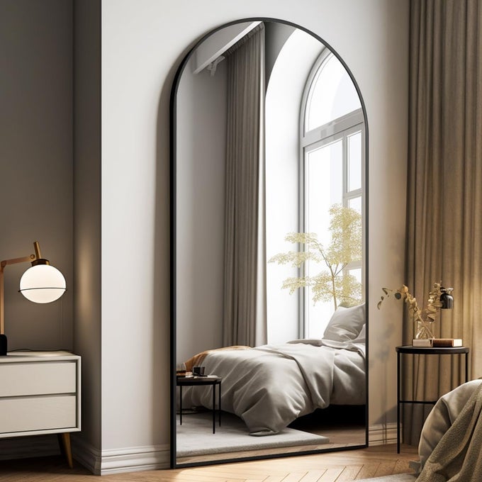 OVERSIZED FULLBODY MIRROR 76 X 34 ARCHED FULLLENGTH MIRROR BLACK METAL FRAME FLOOR MIRROR FOR BEDROOM LIVINGDRESSING ROOM GYM STANDWALL MOUNTEDLEANING