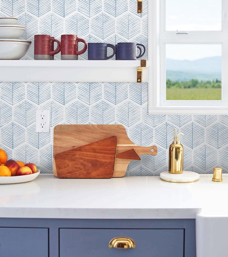 Rylan Modern Peel and Stick Wallpaper Boho Contact Paper for Cabinets and Drawers Self Adhesive Wallpaper Removable Wallpaper for Bedroom Geometric Wallpaper for Bathroom Blue/White 45 * 300 - Image 4