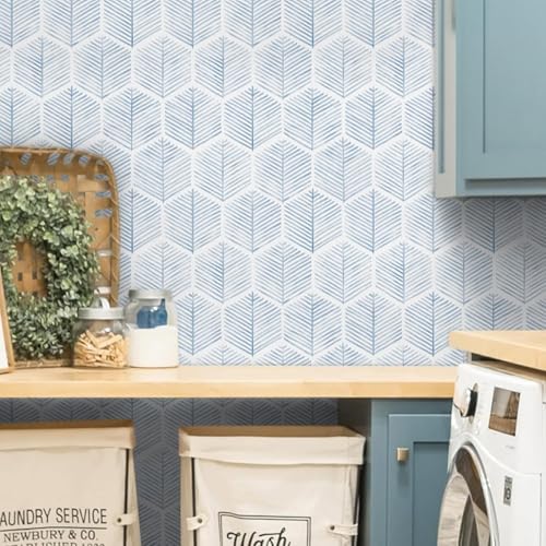 Rylan Modern Peel and Stick Wallpaper Boho Contact Paper for Cabinets and Drawers Self Adhesive Wallpaper Removable Wallpaper for Bedroom Geometric Wallpaper for Bathroom Blue/White 45 * 300 - Image 3
