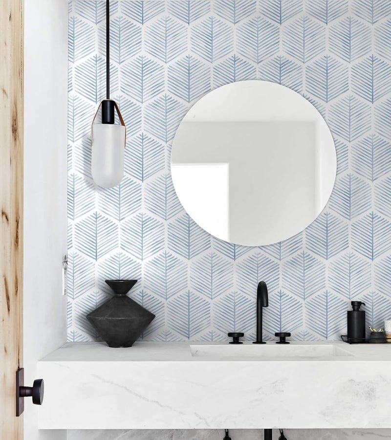 Rylan Modern Peel and Stick Wallpaper Boho Contact Paper for Cabinets and Drawers Self Adhesive Wallpaper Removable Wallpaper for Bedroom Geometric Wallpaper for Bathroom Blue/White 45 * 300 - Image 2