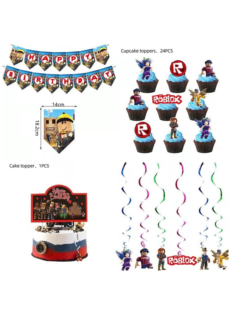 لوازم الحفلات والديكورات لموضوع لعبة الصندوق الرملي روبلوكس مع أعواد تزيين الكب كيك، لافتة عيد ميلاد سعيد، بالونات - Image 3