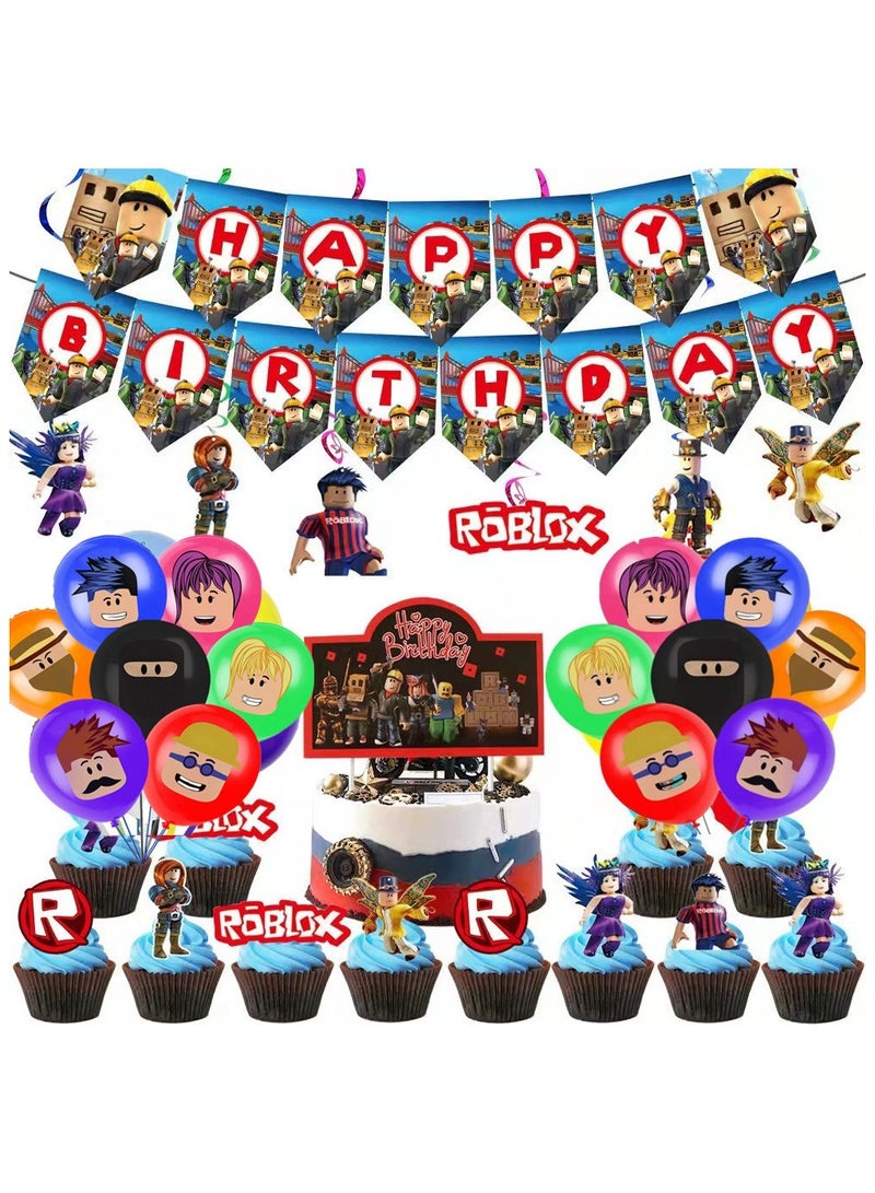 لوازم الحفلات والديكورات لموضوع لعبة الصندوق الرملي روبلوكس مع أعواد تزيين الكب كيك، لافتة عيد ميلاد سعيد، بالونات - Image 1