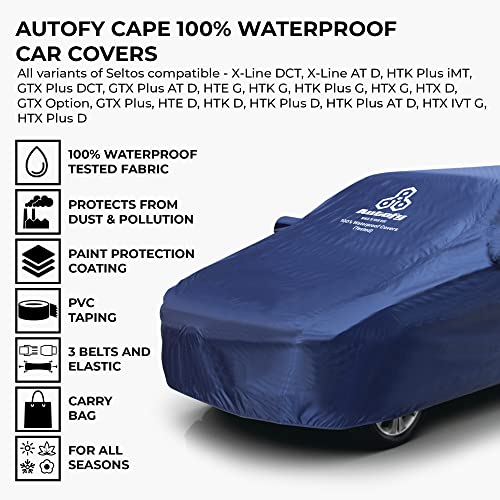 Autofy Cape 100% Waterproof (Tested) Car Body Cover for Kia Seltos [Year 2019 Onwards] with Elastic Bottom & 3 Belts Protection & Mirror Pockets & Paint Protection Layer Inside (Blue) - Image 3