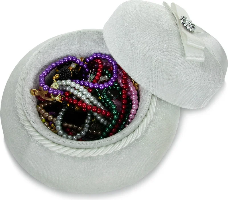 İhvan Round Velvet Covered Rosary and Jewelry Box Cream