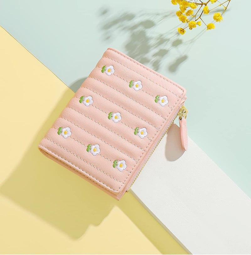 kuifang Girls Cute flowers Print Wallet, Small Tri-folded Aesthetic Wallet, PU Leather Purse Cash Pocket Card Holder ID Window Purse for Women(Pink) - Image 2