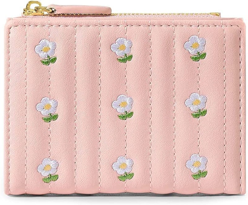 kuifang Girls Cute flowers Print Wallet, Small Tri-folded Aesthetic Wallet, PU Leather Purse Cash Pocket Card Holder ID Window Purse for Women(Pink) - Image 1