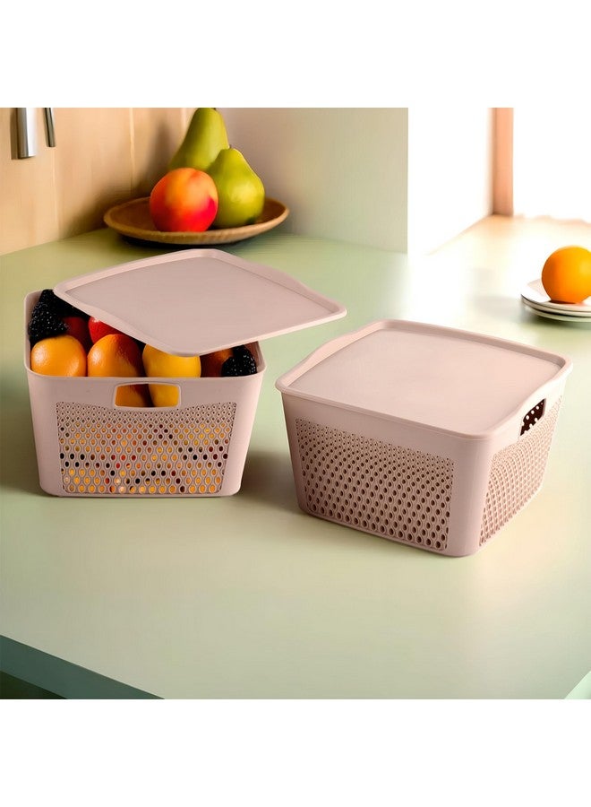 Kuber Industries Netted Design Unbreakable Multipurpose Square Shape Plastic Storage Baskets with lid Large Pack of 2 (Peach) - Image 1