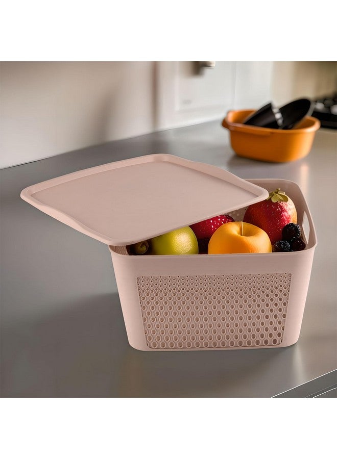 Kuber Industries Netted Design Unbreakable Multipurpose Square Shape Plastic Storage Baskets with lid Large Pack of 2 (Peach) - Image 2