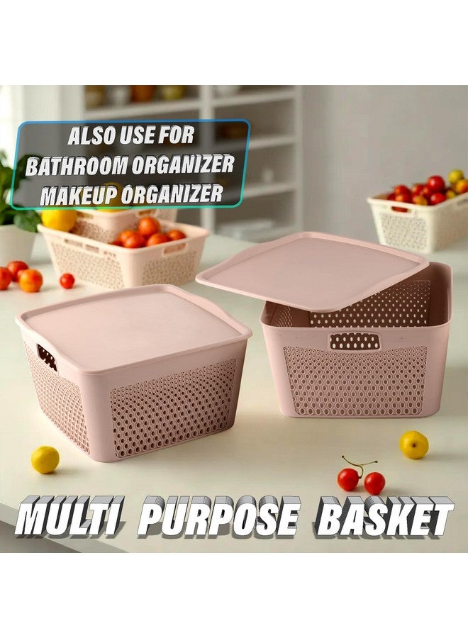 Kuber Industries Netted Design Unbreakable Multipurpose Square Shape Plastic Storage Baskets with lid Large Pack of 2 (Peach) - Image 4