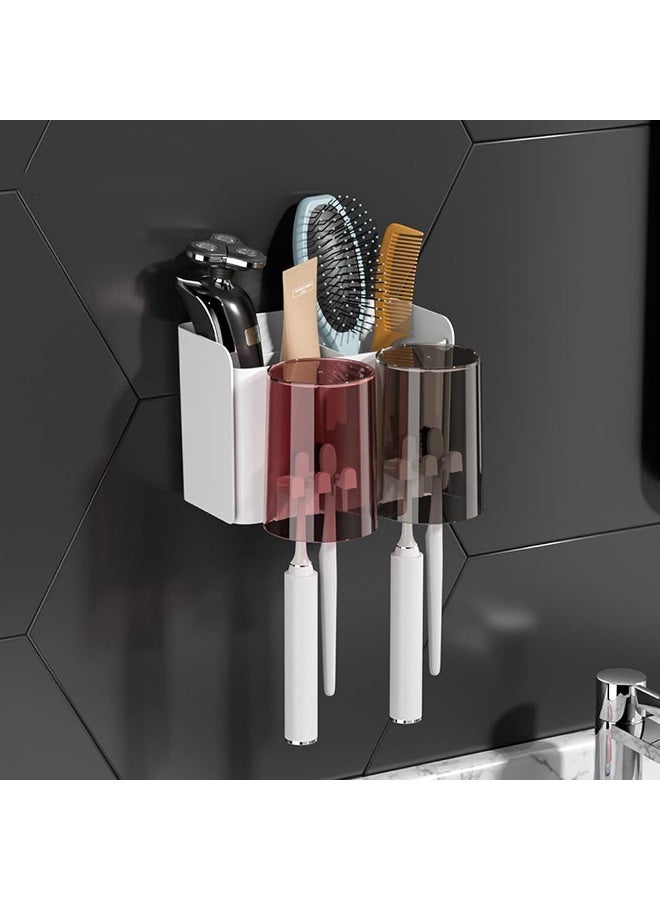 IBAMA IBAMA 2 Cups Wall Mounted Toothbrush Holder Set, Bathroom Toothbrush Holder with 3 Classification Storage Compartments - Storage Rack Bathroom Accessories - Image 1